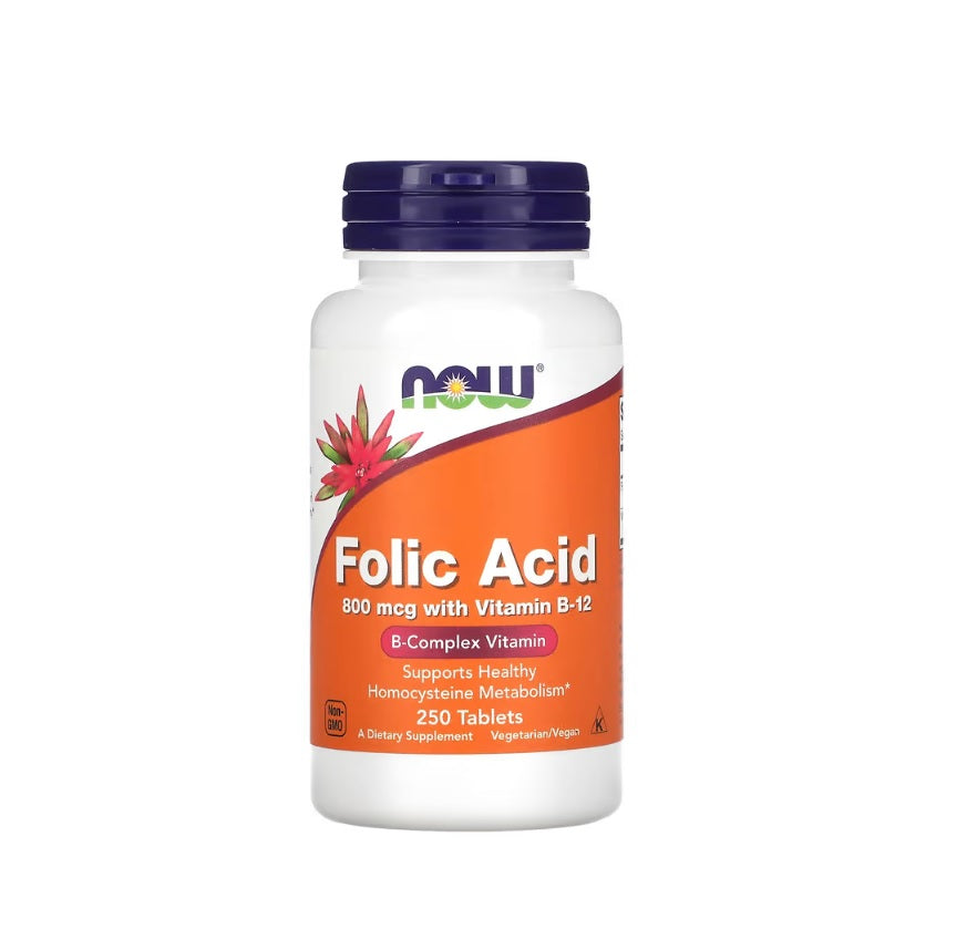 Folic Acid with Vitamin B12, 800mcg - 250 tablets&nbsp;- NOW Foods