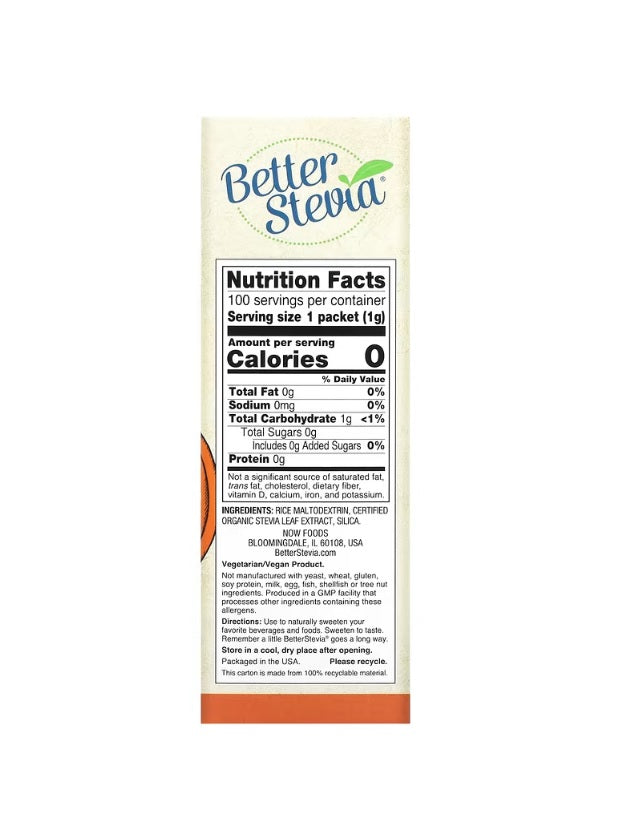 Better Stevia Packets, Original - 100 packets - NOW Foods