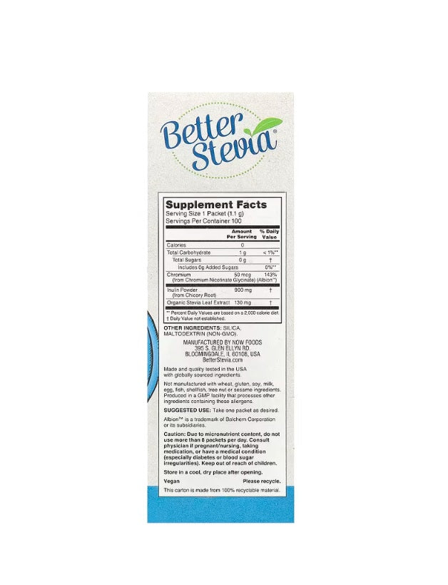 BetterStevia Balance with Chromium &amp; Inulin - 100 packets NOW Foods