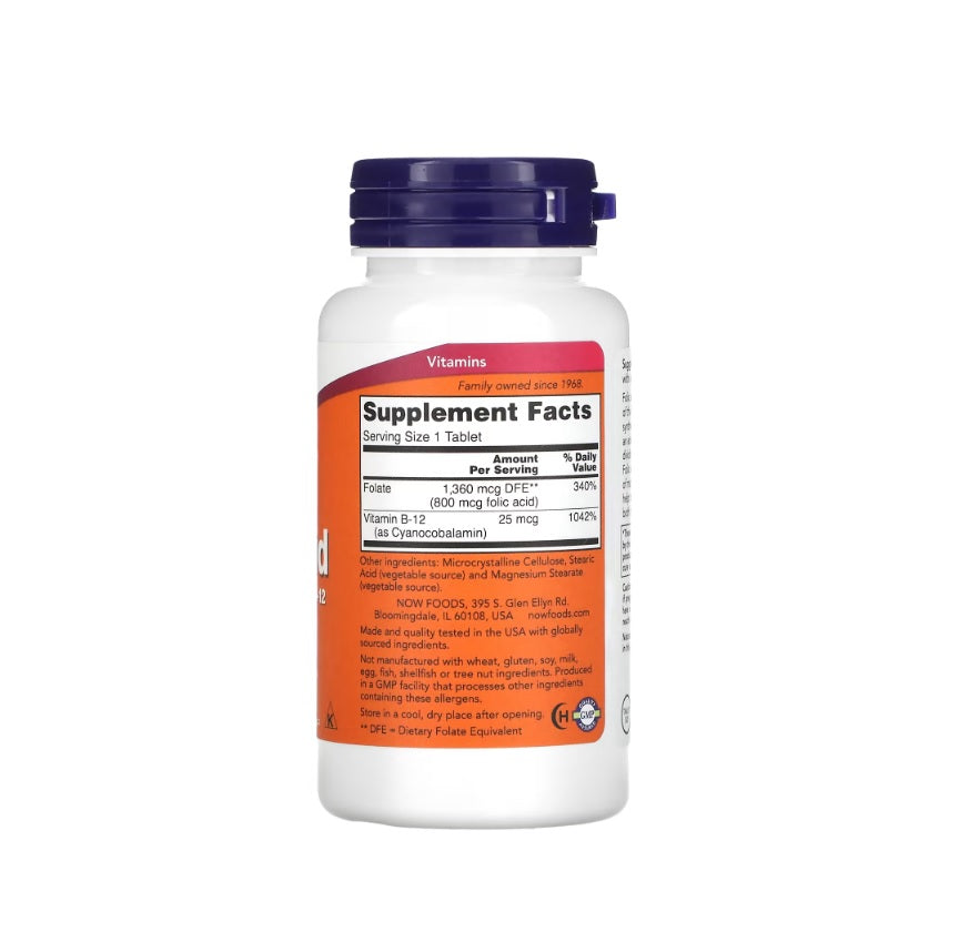 Folic Acid with Vitamin B12, 800mcg - 250 tablets&nbsp;- NOW Foods