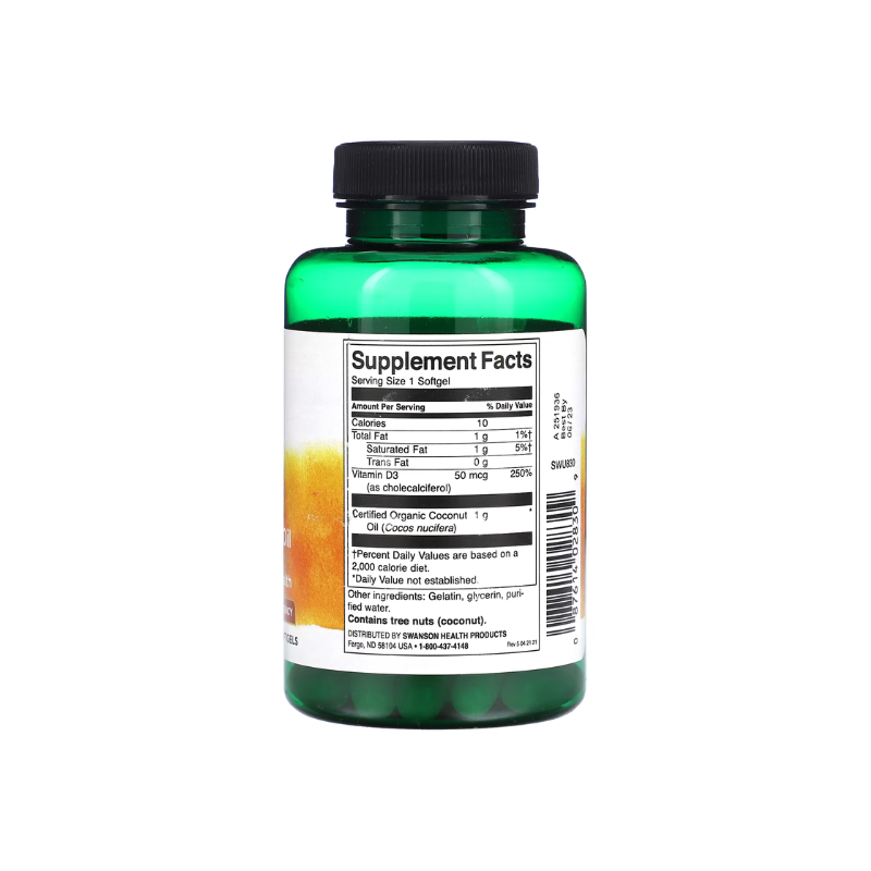 Vitamin D-3 with Coconut Oil, 2000 IU - 60 softgels - Swanson