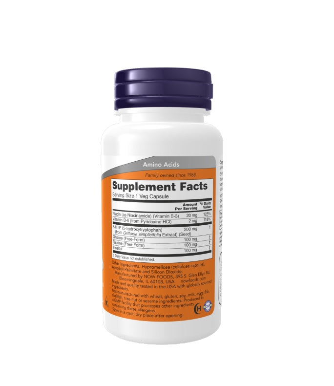 5-HTP with Glycine Taurine &amp; Inositol, 200mg - 60 vcaps - NOW Foods