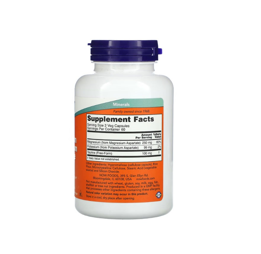 Magnesium &amp; Potassium Aspartate with Taurine - 120 vcaps - Now Foods