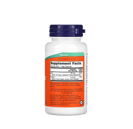 L-OptiZinc, 30mg - 100 vcaps&nbsp;- NOW Foods