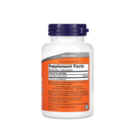 L-Tyrosine, Extra Strength 750mg - 90 vcaps - NOW Foods