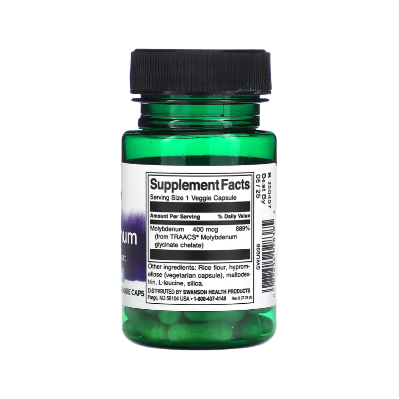 Supplement facts Serving Size: 1 Veggie Capsule  Amount Per Serving	%Daily Value Molybdenum (from TRAACS® Molybdenum glycinate chelate)	400 mcg	889%