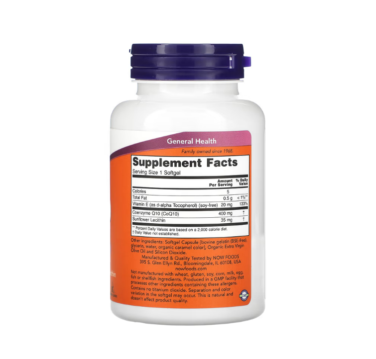 CoQ10 with Lecithin & Vitamin E, 400mg - 60 softgels Now Foods